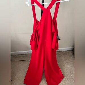 Red Cold Shoulder Halter Top Jumpsuit